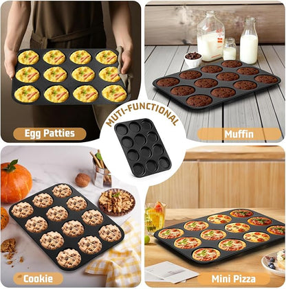 E-far 12-Cavity Muffin Top Pan, 3 Inch Nonstick Shallow Cupcake Pan for Yorkshire Pudding, Eggs, Whoopie Pie, Cornbread, Easy Release & Clean, Standard Size, 2 Pack