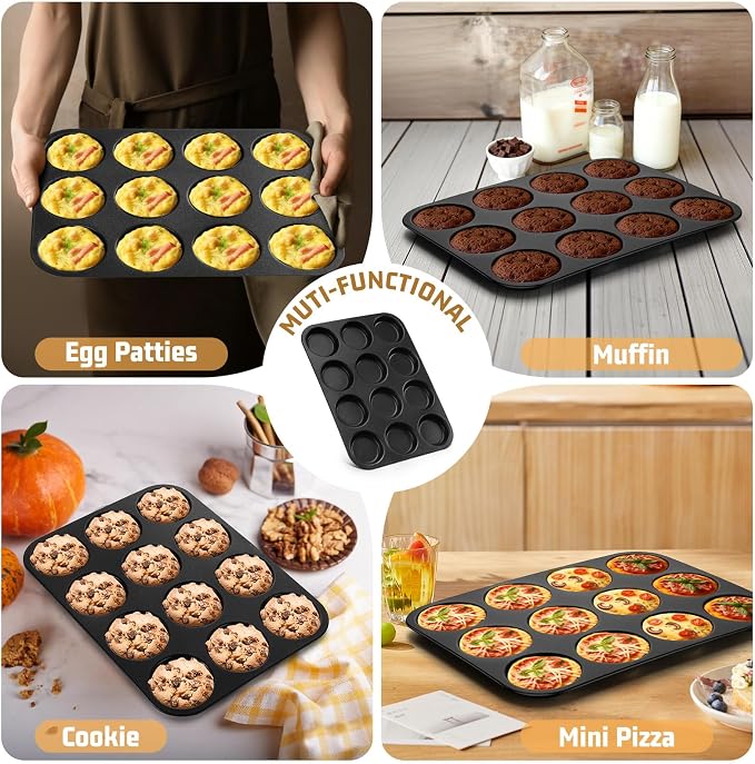 E-far 12-Cavity Muffin Top Pan, 3 Inch Nonstick Shallow Cupcake Pan for Yorkshire Pudding, Eggs, Whoopie Pie, Cornbread, Easy Release & Clean, Standard Size