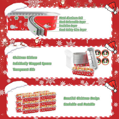 50Pack Christmas Mini Cake Pans Disposable Mini Loaf Pans with Lids and Spoons, 6.8Oz Aluminum Foil Pans Tins, Individual Dessert Cups Containers for Sales,Party,Picnics