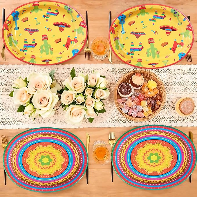 50Pcs Mexican Fiesta Oval Paper Plates 10" x 12" Large Heavy Duty Taco Carnival Disposable Plates Mexican Theme Cinco de Mayo Dessert Platters for Taco Tuesday Birthday Party Supplies Decor