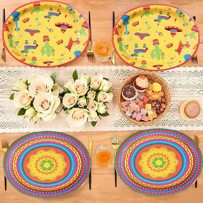 50Pcs Mexican Fiesta Oval Paper Plates 10" x 12" Large Heavy Duty Taco Carnival Disposable Plates Mexican Theme Cinco de Mayo Dessert Platters for Taco Tuesday Birthday Party Supplies Decor