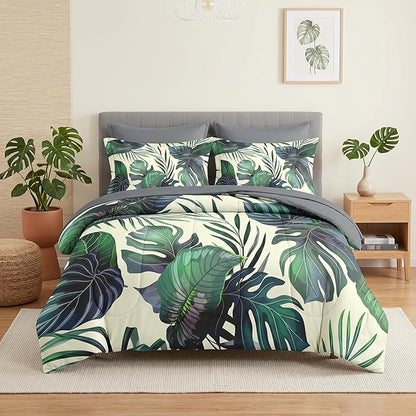 Pamnest Comforter Set Twin Size, Tropical Plants Leaves 5 Pcs Bedding for Kids and Adults, Palm Leaf Flower Hawaiian Bed Sheet Sets with Fitted Sheet Pillowcase & Sham for Bedroom Bed Decor
