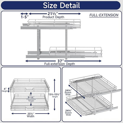 2-Tier Pull Out Cabinet Organizer, 25.5" W x 21.5" D, Heavy Duty Dual Slide Out Shelves for Wide Base Cabinets, Chrome Wire Basket Drawer for Pots, Pans, Pantry & Cleaning Supplies