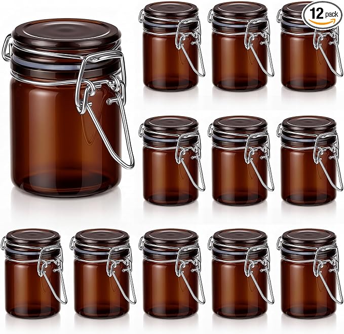 Norme 12 Pack 1.7oz Amber Airtight Mini Glass Jars with Lids, Cylinder Food Storage Container Airtight Food Wire Clip Fastening for Flour Kitchen Sugar Cereal Kitchen Canning Pickling Mason Jars