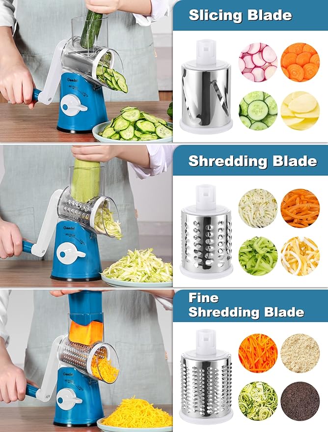 Geedel Rotary Cheese Grater Cheese Shredder - Upgraded 5-in-1 Cheese Grater with Handle and Strong Suction Base, Multi-purpose Vegetable Slicer Ice Shaver Nuts Grinder for Cheese, Vegetables, Ice