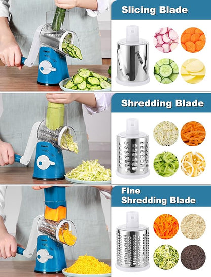 Geedel Rotary Cheese Grater Cheese Shredder - Upgraded 5-in-1 Cheese Grater with Handle and Strong Suction Base, Multi-purpose Vegetable Slicer Ice Shaver Nuts Grinder for Cheese, Vegetables, Ice