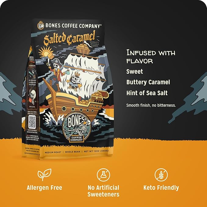 Bones Coffee Company Salted Caramel Flavored Coffee, Medium Roast Low Acid Arabica Beans Compatible with Auto drip and French Press Coffee Maker, 12 Oz Ground