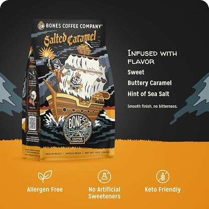 Bones Coffee Company Salted Caramel Flavored Coffee, Medium Roast Low Acid Arabica Beans Compatible with Auto drip and French Press Coffee Maker, 12 Oz Ground