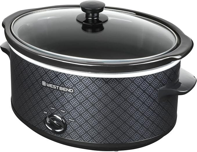 West Bend Slow Cooker 6-Quart Manual Crockery Style with Dishwasher Safe Oval Ceramic Crockpot and Glass Lid Two Temperature Settings Plus Keep Warm, 330-Watts, Black
