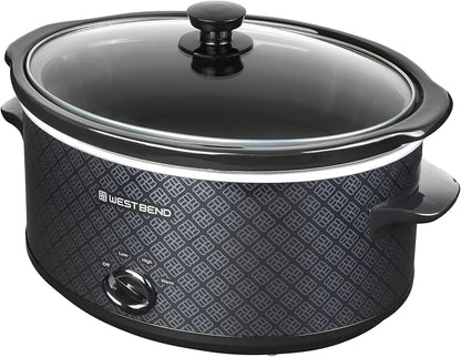 West Bend Slow Cooker 6-Quart Manual Crockery Style with Dishwasher Safe Oval Ceramic Crockpot and Glass Lid Two Temperature Settings Plus Keep Warm, 330-Watts, Black