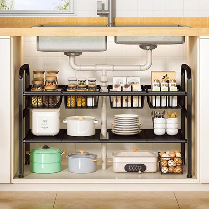 Under Sink Organizers and Storage, 2 Tier Expandable Length Adjustable Height Under Sink Organizer, Easy Assembly Heavy Duty Carbon Steel Space Saving Under Cabinet Shelf Storage Rack