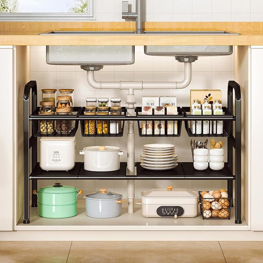 Under Sink Organizers and Storage, 2 Tier Expandable Length Adjustable Height Under Sink Organizer, Easy Assembly Heavy Duty Carbon Steel Space Saving Under Cabinet Shelf Storage Rack