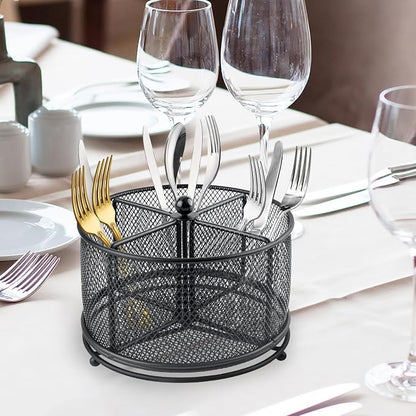 360° Rotating Metal Utensil Caddy - 4 Compartment Silverware Cutlery Holder Rotation Fork Spoon Napkin Organizer Flatware Storage Basket Party Countertop Buffet Picnic Camping Outdoor Black