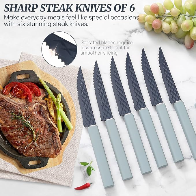 12-Piece Blue Modern Knife Block Set with Drawer Organizer, Stainless Steel Knife Set, 7.2" Chef Knife, 6 Steak Knives