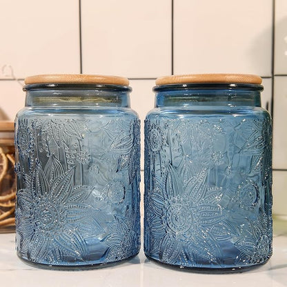 Custde Blue Vintage Glass Candy Jar with Airtight Bamboo Lid, 23.7oz Kitchen Storage Canister for Sugar, Coffee, Tea, Cookies, Bath Salt - Decorative Mason Jar for Pantry & Counter(Blue, 23.7 fl oz)