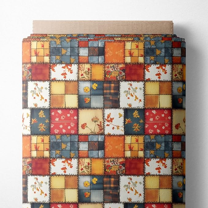 Autumn Patchwork Cotton Fabric Panel 61 x 36.6 Inches, Vintage Quilt Style Floral Printed Cotton Sewing Fabric, 140 GSM