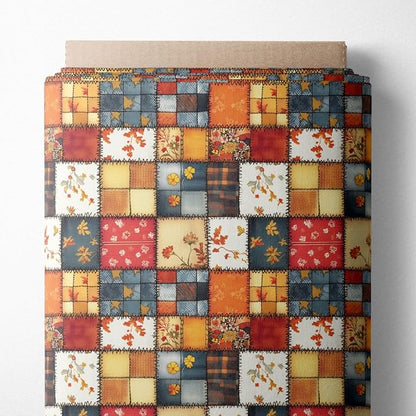 Autumn Patchwork Cotton Fabric Panel 61 x 36.6 Inches, Vintage Quilt Style Floral Printed Cotton Sewing Fabric, 140 GSM
