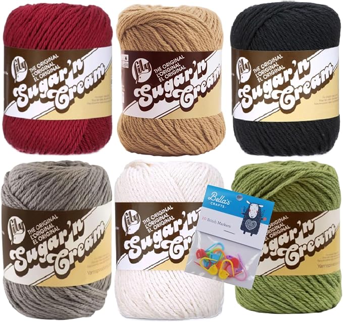 Lily Sugar'n Cream 100% Cotton Yarn 6-Pack Bundle with Bella's Crafts Stitch Markers (Sage Blend)