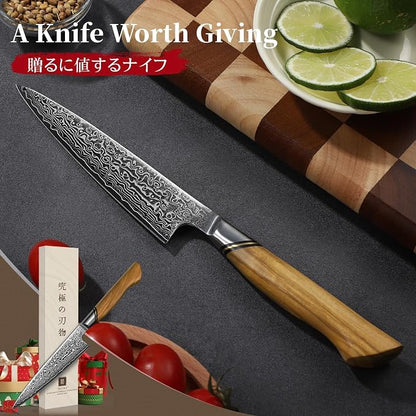 TIVOLI Damascus Kitchen Utility Knife - 5 Inch Ultra Sharp Petty Knife - VG10 Chef Knives with Olive Wood Handle - Gift for Men and Women