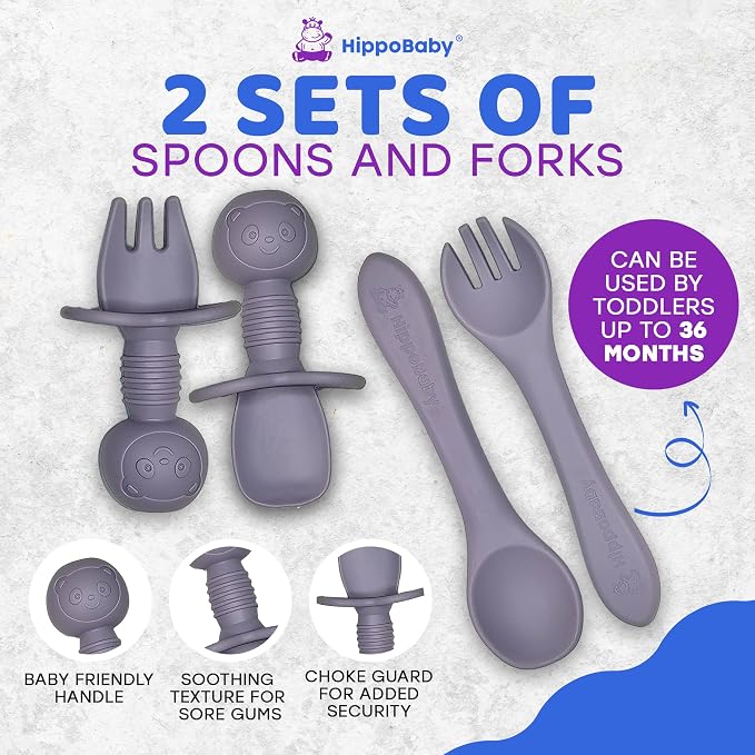 HippoBaby Baby Led Weaning Supplies | 10 Piece Silicone Feeding Set | Baby Toddler Bib Cup Divided Plate and Bowl Self Feeding Spoons Dish Set | Baby Utensils | Toddler Feeding Supplies (Lavender)