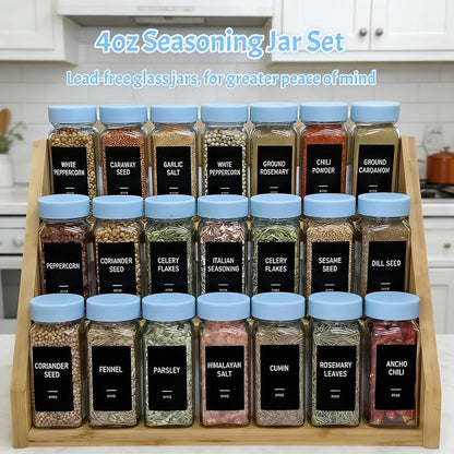Spice Jars with Labels - 24 Glass Spice with Shaker Lids & Airtight Plastic Caps - 4oz Complete Seasoning Containers Organizer Set for Cabinet, Drawer & Rack (Skyblue)