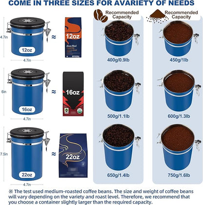 ShanSon Coffee Canister Airtight, Stainless Steel Bean Storage Container with Date Tracker & Scoop, Grounds Sugar Flour Tea Cereal Fits Kitchen Pantry, Ideal Gift for Coffee Lovers,16oz,Blue