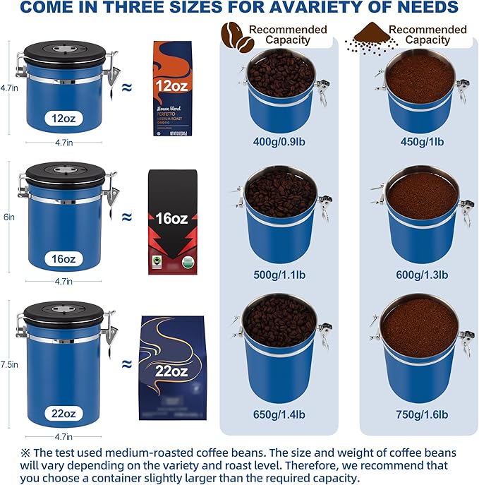 ShanSon Coffee Canister Airtight, Stainless Steel Bean Storage Container with Date Tracker & Scoop, Grounds Sugar Flour Tea Cereal Fits Kitchen Pantry, Ideal Gift for Coffee Lovers,12oz,Blue