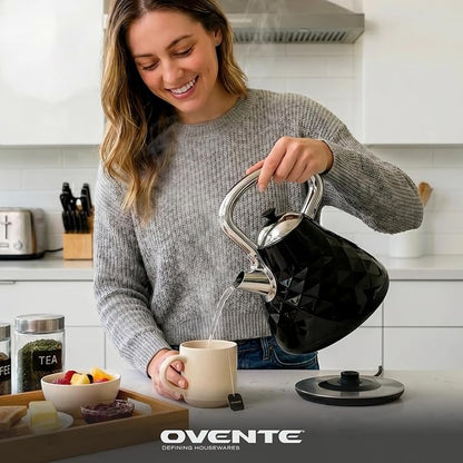 OVENTE Retro Electric Kettle, 1.7L Stainless Steel Tea Kettle, 1500W Fast Heating Hot Water Boiler with LED Indicator Light, Auto Shut-Off & Boil-Dry Protection, BPA-Free Teapot, Black KS755B