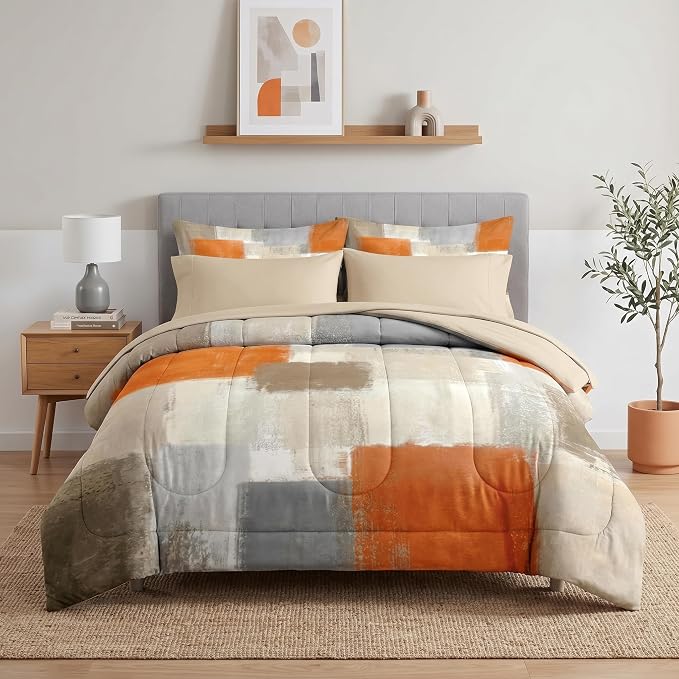 Pamnest Comforter Set Twin Size, Beige Grey Abstract Painting 5 Pcs Bedding for Kids and Adults, Orange Gray Contemporary Bed Sheet Sets with Fitted Sheet Pillowcase & Sham for Bedroom Bed Decor