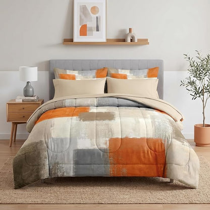 Pamnest Comforter Set Twin Size, Beige Grey Abstract Painting 5 Pcs Bedding for Kids and Adults, Orange Gray Contemporary Bed Sheet Sets with Fitted Sheet Pillowcase & Sham for Bedroom Bed Decor