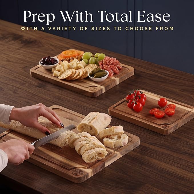 Pre-Oiled, Non Toxic 3-Piece Acacia Cutting Board Set with Stand, FSC Certified Wooden Chopping Boards, Includes 3.4 fl oz Chopping Board Oil, 3 Wood Carving Boards for Home, BBQ Kitchen, Deer & Oak