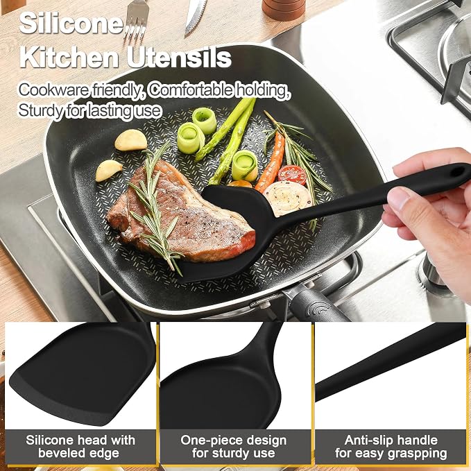 P&P CHEF Kitchen Utensil Set, 4 Pieces Non-stick Silicone Cooking Utensils, Heat-resistant Slotted Solid Spoon Turner for Frying, Mixing, Serving, Non-toxic & Easy to Clean, Black