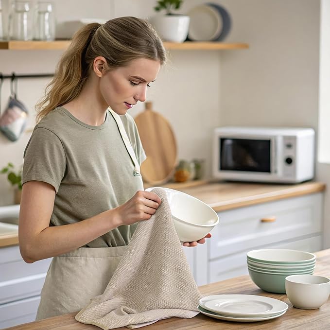 Mordimy Premium Kitchen Towels 12 Pack (18 x 28 Inches, Khaki), Large Cotton Kitchen Hand Towel, Flat & Terry Dish Towels for Drying Dishes, Super Absorbent Tea Dishtowels Set with Hanging Loop