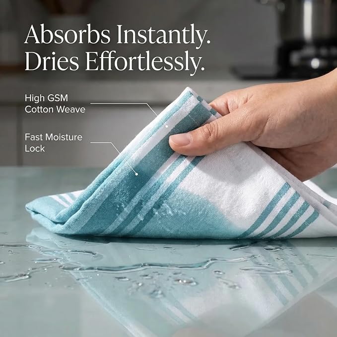 Urban Villa Kitchen Towels 100% Cotton Dish Towels for Kitchen (Set of 6) 20”x30” Dish Cloths Highly Absorbent Kitchen Linen Set with Hanging Loop Perfect for Drying Dishes Cleaning Towels-Aqua White