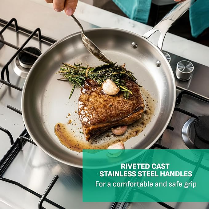 T-Fal x Jamie Oliver Cooks Smart Stainless Steel Pan 11-Inch, Induction Compatible, Oven Safe up to 500°F, Chef's Stainless Steel Skillet, Frying Pan, Silver