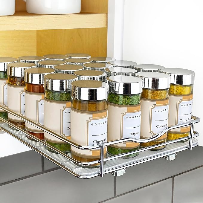 LYNK PROFESSIONAL® Pull Out Spice Organization for Cabinets - 8-3/8 inch Wide – Spice Rack for Inside Cabinets, Slide Out Spice Rack Organizer for cabinet – Pull Out Spice Rack, Sliding 1 Tier Chrome