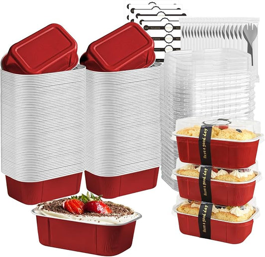 Mini Cake Pans With Lids And Spoons,5.5 oz Rectangle Mini individual Loaf Pans Disposable Aluminum Foil Small Baking Cups Tins (200, Red)