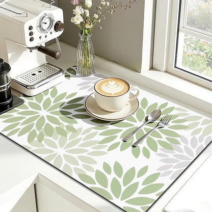 Findosom Floral Dish Drying Mat, 16" x 18" Super Absorbent & Hide Stain Coffee Mat, Cuttable Drying Mat for Kitchen Counter, Under Dish Rack, Coffee Maker, Espresso Machine, Sage Green