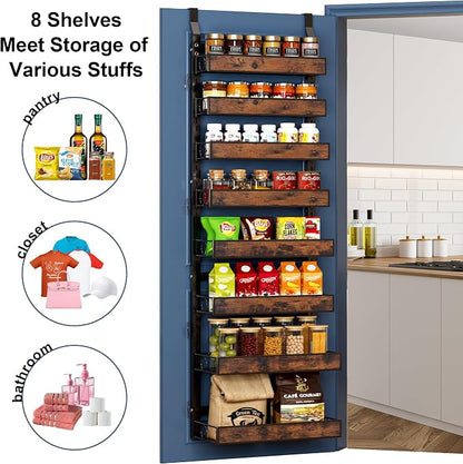 8 Tier Over The Door Pantry Orangizer 2 IN 1 Wall Mounted or Hanging Spice Rack with Adjustable Wood Basket,Heavy Duty Seasoning Storage Shelf for Kitchen Pantry and Bathroom