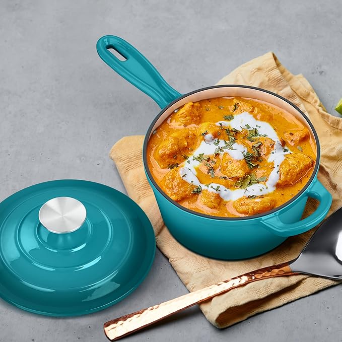 1 Quart Cast Iron Saucepan, Leonyo Enameled Sauce Pan with Lid, Enamel Cast Iron Dutch Oven Cooking Stock Pots and Pan Set Kitchen Cookware Appliances for All Cooktops - Up to 500°F, Lake Green