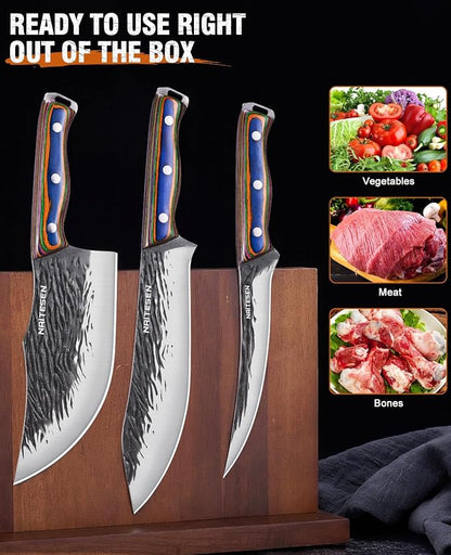 Naitesen 3PCS Hand Forged Butcher Knife Set - 15° Razor Sharp 6.5" Serbian Chef Knife, 8.5" Meat Slicer & 6.5" Boning Knife for Meat Cutting Kitchen Cooking BBQ - Gold-Stamped Gift Box
