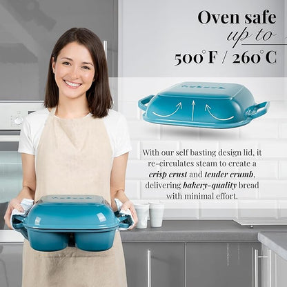 QuadPro Enamelled Cast Iron Bread Loaf Pot – Dutch Oven for Sourdough Bread Baking – 500°F Oven Safe Non Stick Bread Pot – 4 Round Loaf Spaces (4.90-inch Diameter), Light Blue – by Nuovva