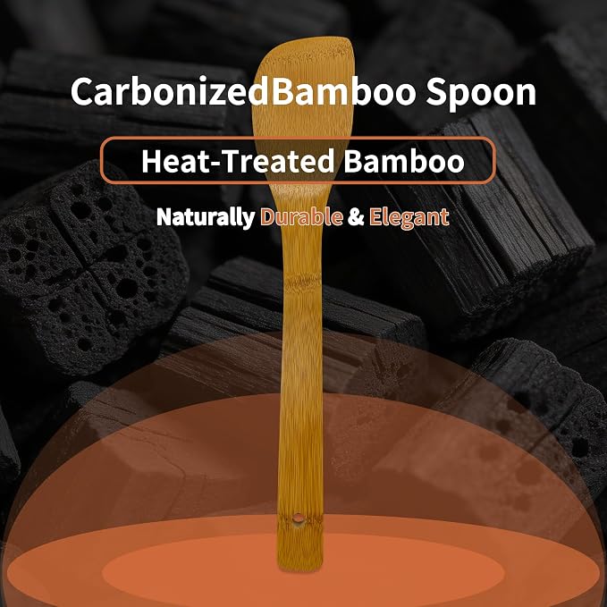 Premium Natural Carbonized Bamboo Kitchen Utensil Set, 6-Piece Non-Scratch Wooden Spoons & Spatulas, Durable Heat-Resistant Tools for Non-Stick Pans (Carbonized Bamboo 01)