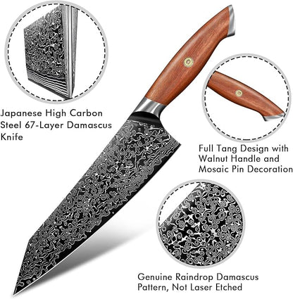 Freelander 8.5 inch Damascus Chef Knife with VG10 Core – Full Tang Construction with 4.9 inch Walnut Handle and Mosaic Pin – Premium Cooking Knife for Precision and Power