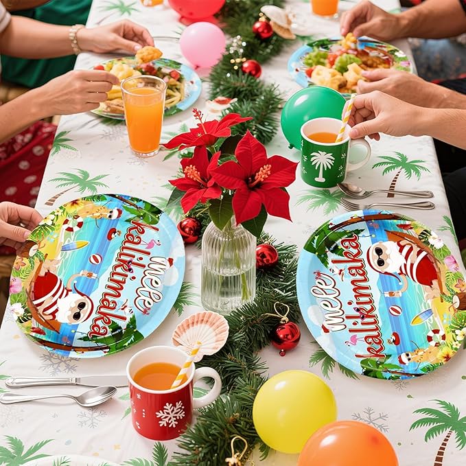 50Pcs Christmas in July Party Decorations 10" x 12" Tropical Hawaiian Santa Heavy Duty Oval Paper Plates Mele kalikimaka Disposable Tableware for Summer Christmas Beach Pool Party Supplies
