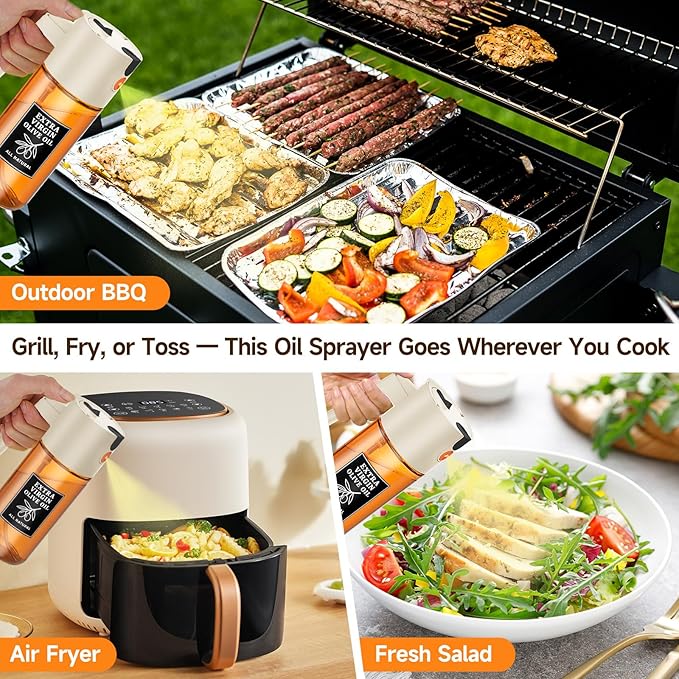 500ml Beige Glass Oil Sprayer, Dark-Tinted Glass Fine Mist Spray Bottle for Baking, Salad, Air Fryer, Light Cooking, Refillable 2-in-1 Oil Dispenser