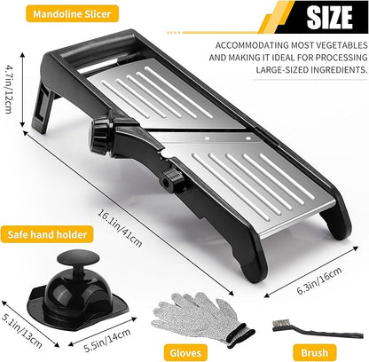 Mandoline Food slicer for kitchen, Adjustable Stainless Steel Mandoline Vegetable slicer, Food slicer Onion Potato Chip French Fry, 7 in-1 Adjustable Blade, Including 1 Pair of Gloves