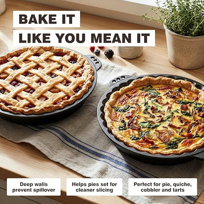 KUHA Cast Iron Pie Pan | Pre-Seasoned Round Cast Iron Pan for Apple, Pumpkin & Cherry Pies, Quiche & Tarts | For Baking & Serving | Silicone Trivet Included | 9", 2" Deep