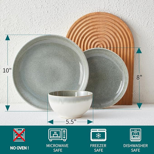 Pokini 24 Piece Dinnerware Sets for 8, Modern Stoneware Plates and Bowls Sets, Perfect for Family Gatherings & Holiday Celebrations, Easy Cleaning Dishes, Stack Compactly Plate Set, Gradient Green
