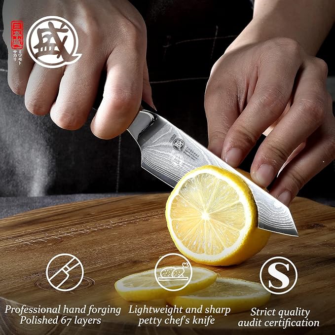 MITSUMOTO SAKARI Paring Chef Knife 4 inch - 67-Layer AUS-10 Damascus Steel, Hand Forged Japanese Fruit Knives, PakkaWood Handle & Sandalwood Box